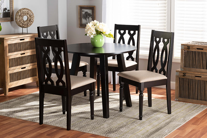 Baxton Studio Heidi Modern and Contemporary Sand Fabric Upholstered and Dark Brown Finished Wood 5-Piece Dining Set | Modishstore | Dining Sets