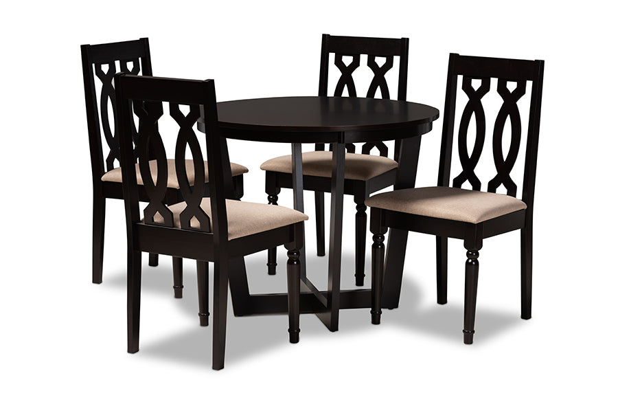 baxton studio julie modern and contemporary sand fabric upholstered and dark brown finished wood 5 piece dining set | Modish Furniture Store-2