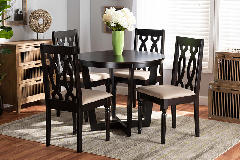 Baxton Studio Julie Modern and Contemporary Sand Fabric Upholstered and Dark Brown Finished Wood 5-Piece Dining Set | Modishstore | Dining Sets