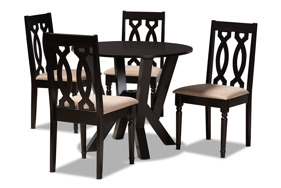 baxton studio anise modern and contemporary sand fabric upholstered and dark brown finished wood 5 piece dining set | Modish Furniture Store-2
