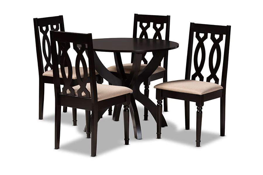 baxton studio mona modern and contemporary sand fabric upholstered and dark brown finished wood 5 piece dining set | Modish Furniture Store-2
