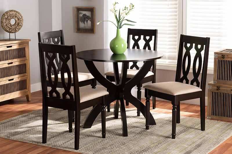 Baxton Studio Mona Modern and Contemporary Sand Fabric Upholstered and Dark Brown Finished Wood 5-Piece Dining Set | Modishstore | Dining Sets