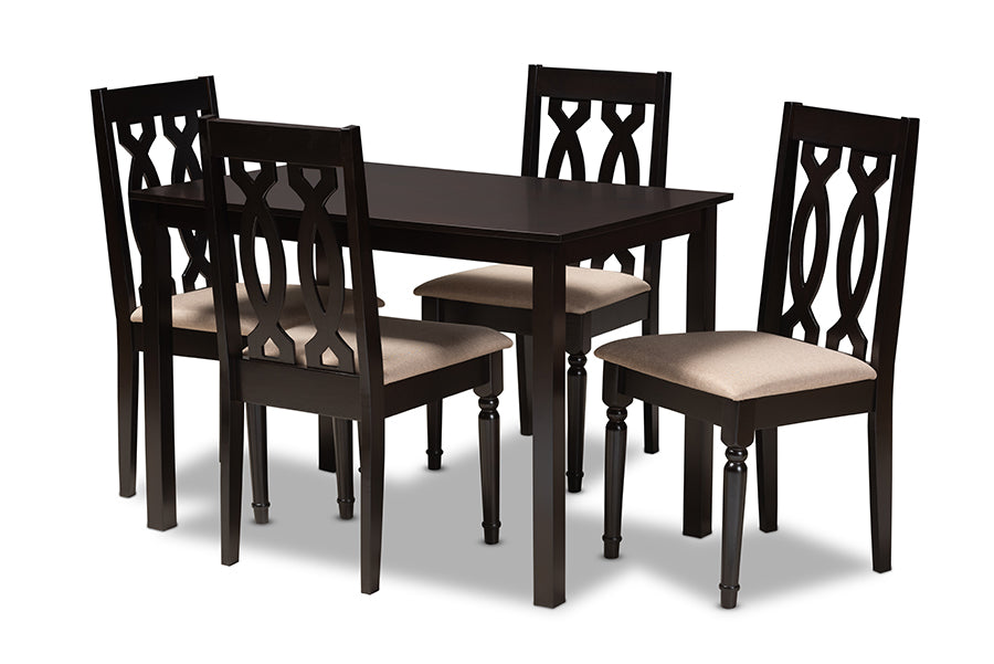 baxton studio cherese modern and contemporary sand fabric upholstered espresso brown finished 5 piece wood dining set | Modish Furniture Store-2