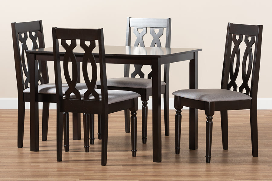 Baxton Studio Cherese Modern and Contemporary Grey Fabric Upholstered Espresso Brown Finished 5-Piece Wood Dining Set | Modishstore | Dining Sets