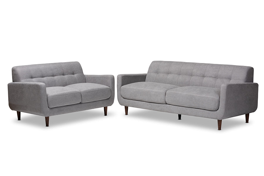 baxton studio allister mid century modern light grey fabric upholstered 2 piece living room set | Modish Furniture Store-2