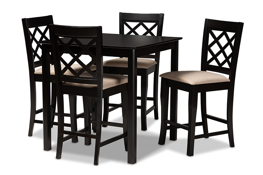 baxton studio alora modern and contemporary sand fabric upholstered espresso brown finished 5 piece wood pub set | Modish Furniture Store-2