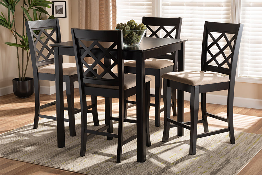 Baxton Studio Alora Modern and Contemporary Sand Fabric Upholstered Espresso Brown Finished 5-Piece Wood Pub Set | Modishstore | Dining Sets