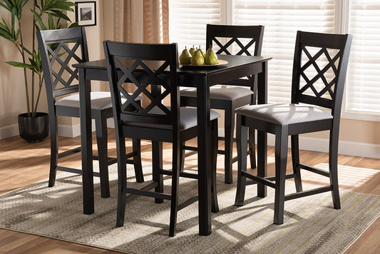 Baxton Studio Alora Modern and Contemporary Grey Fabric Upholstered Espresso Brown Finished 5-Piece Wood Pub Set | Modishstore | Dining Sets
