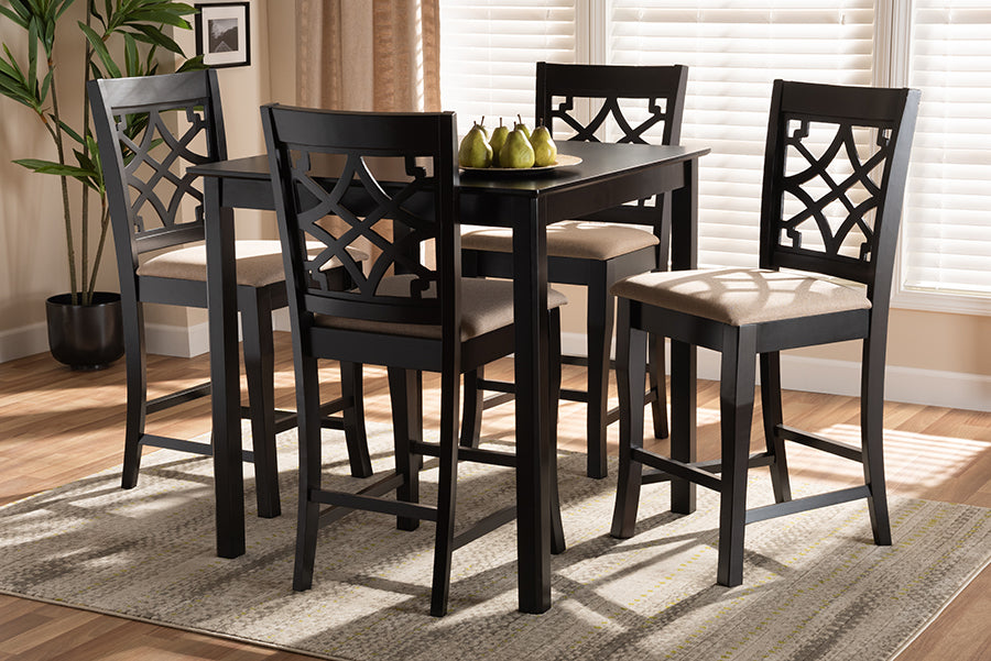 Baxton Studio Nisa Modern and Contemporary Sand Fabric Upholstered Espresso Brown Finished 5-Piece Wood Pub Set | Dining Sets | Modishstore - 2