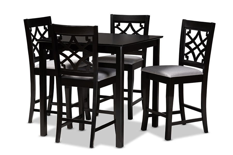 baxton studio nisa modern and contemporary grey fabric upholstered espresso brown finished 5 piece wood pub set | Modish Furniture Store-2