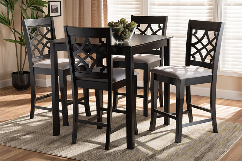 Baxton Studio Nisa Modern and Contemporary Grey Fabric Upholstered Espresso Brown Finished 5-Piece Wood Pub Set | Modishstore | Dining Sets