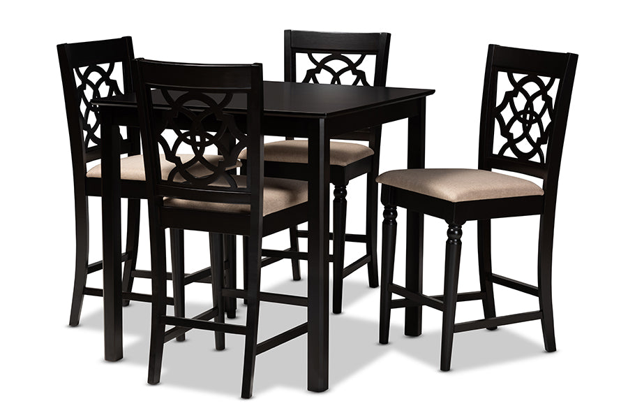 baxton studio arden modern and contemporary sand fabric upholstered espresso brown finished 5 piece wood pub set | Modish Furniture Store-2