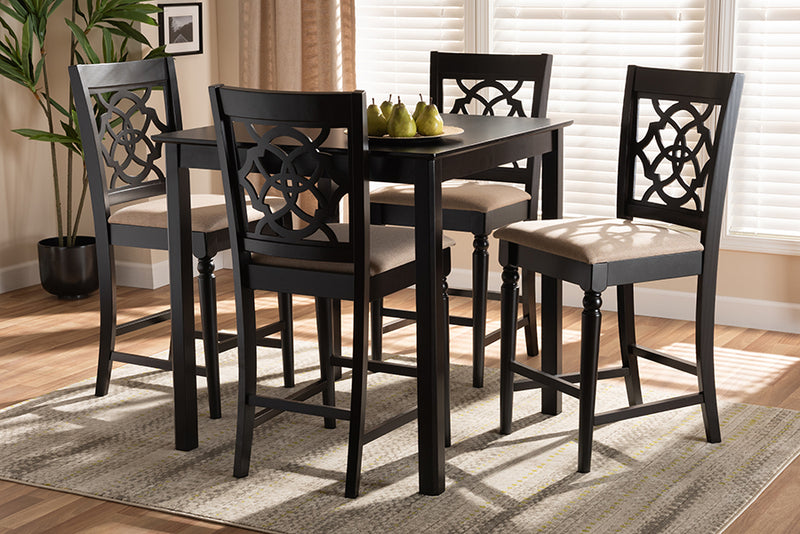 Baxton Studio Arden Modern and Contemporary Sand Fabric Upholstered Espresso Brown Finished 5-Piece Wood Pub Set | Modishstore | Dining Sets