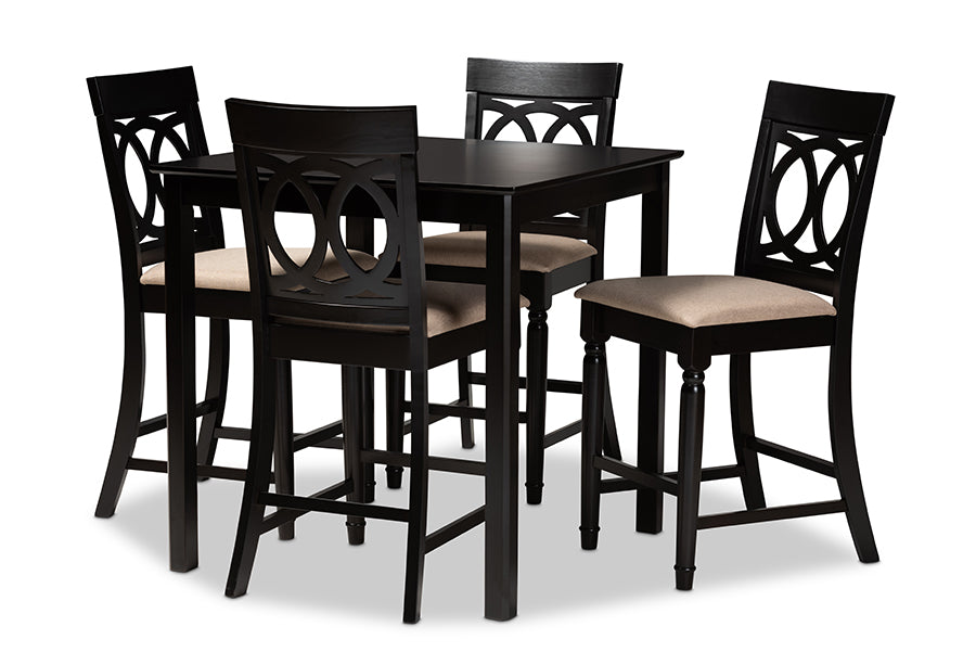 baxton studio verina modern and contemporary sand fabric upholstered espresso brown finished 5 piece wood pub set | Modish Furniture Store-2