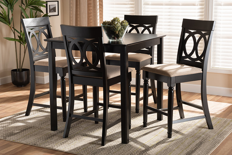 Baxton Studio Verina Modern and Contemporary Sand Fabric Upholstered Espresso Brown Finished 5-Piece Wood Pub Set | Modishstore | Dining Sets