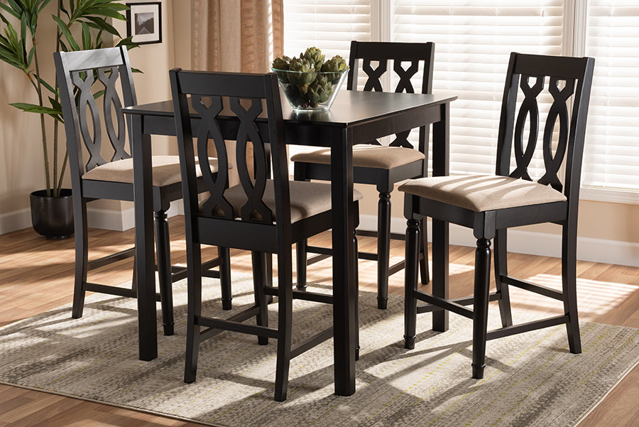 Baxton Studio Darcie Modern and Contemporary Sand Fabric Upholstered Espresso Brown Finished 5-Piece Wood Pub Set | Dining Sets | Modishstore - 2
