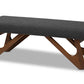 baxton studio rika mid century modern dark grey fabric upholstered walnut brown finished boomerang bench | Modish Furniture Store-2