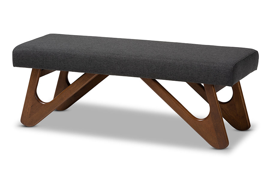 baxton studio rika mid century modern dark grey fabric upholstered walnut brown finished boomerang bench | Modish Furniture Store-2