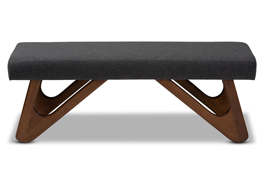 baxton studio rika mid century modern dark grey fabric upholstered walnut brown finished boomerang bench | Modish Furniture Store-3