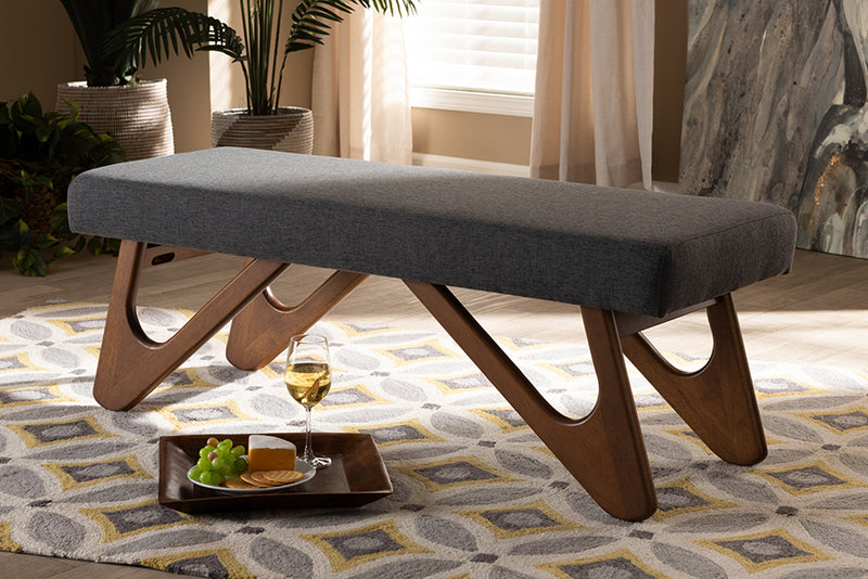 Baxton Studio Rika Mid-Century Modern Dark Grey Fabric Upholstered Walnut Brown Finished Boomerang Bench | Modishstore | Stools & Benches