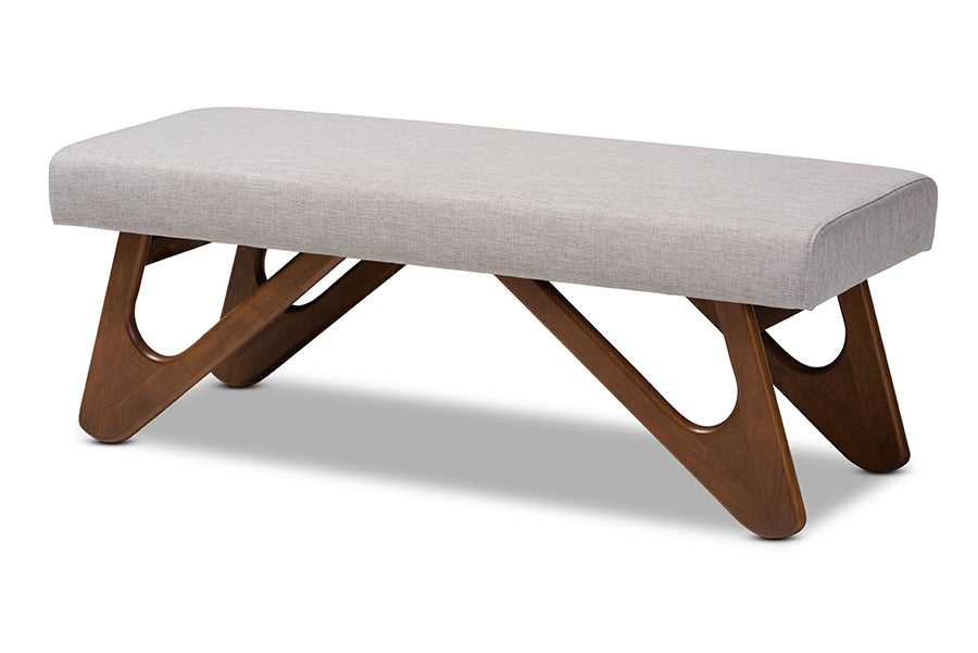 baxton studio rika mid century modern greyish beige fabric upholstered walnut brown finished boomerang bench | Modish Furniture Store-2