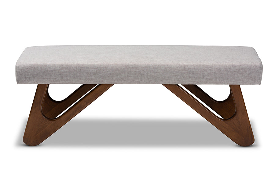 baxton studio rika mid century modern greyish beige fabric upholstered walnut brown finished boomerang bench | Modish Furniture Store-3