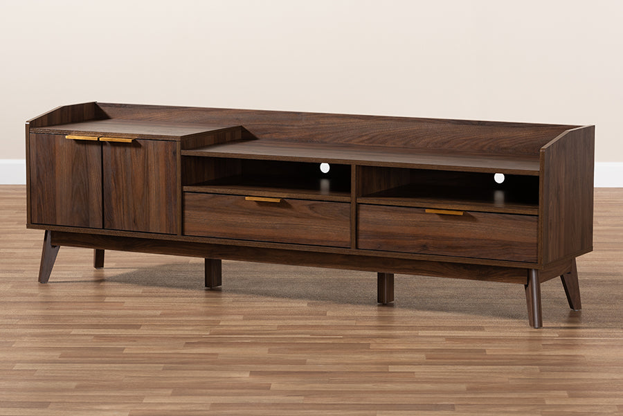 Baxton Studio Lena Mid-Century Modern Walnut Brown Finished 2-Drawer Wood TV Stand | Modishstore | TV Stands
