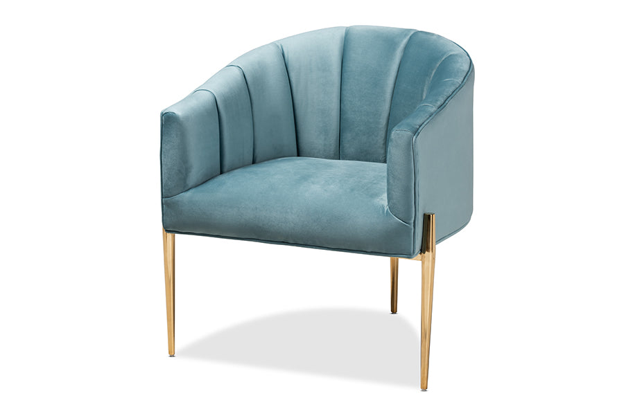 baxton studio clarisse glam and luxe light blue velvet fabric upholstered gold finished accent chair | Modish Furniture Store-2