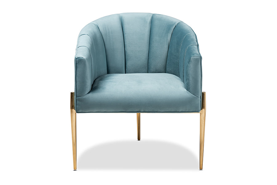 baxton studio clarisse glam and luxe light blue velvet fabric upholstered gold finished accent chair | Modish Furniture Store-3