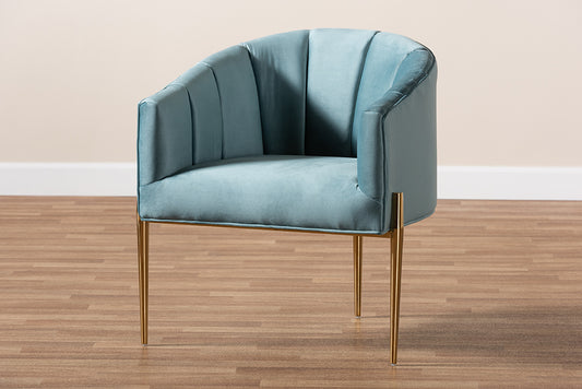 Baxton Studio Clarisse Glam and Luxe Light Blue Velvet Fabric Upholstered Gold Finished Accent Chair | Modishstore | Accent Chairs