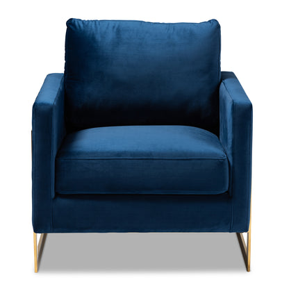 Baxton Studio Matteo Glam and Luxe Royal Blue Velvet Fabric Upholstered Gold Finished Armchair | Armchairs | Modishstore