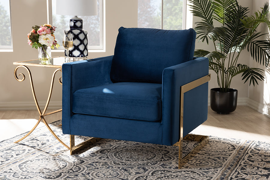 Baxton Studio Matteo Glam and Luxe Royal Blue Velvet Fabric Upholstered Gold Finished Armchair | Armchairs | Modishstore - 2