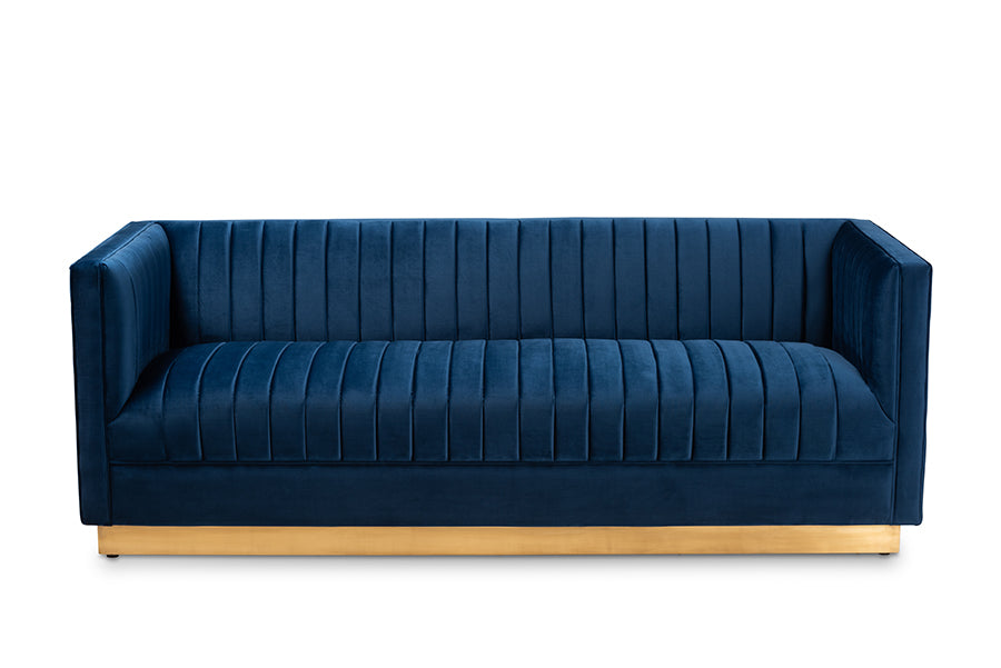 Baxton Studio Aveline Glam and Luxe Navy Blue Velvet Fabric Upholstered Brushed Gold Finished Sofa | Sofas | Modishstore - 8