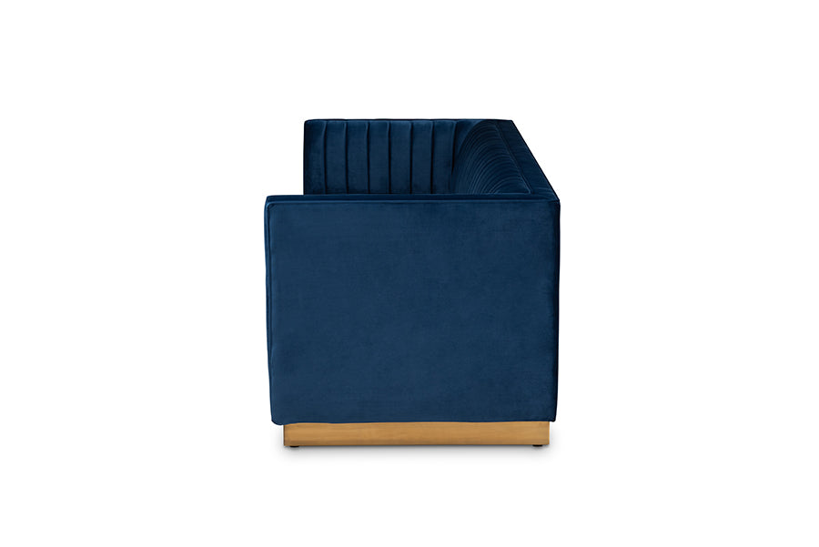 Baxton Studio Aveline Glam and Luxe Navy Blue Velvet Fabric Upholstered Brushed Gold Finished Sofa | Sofas | Modishstore - 7