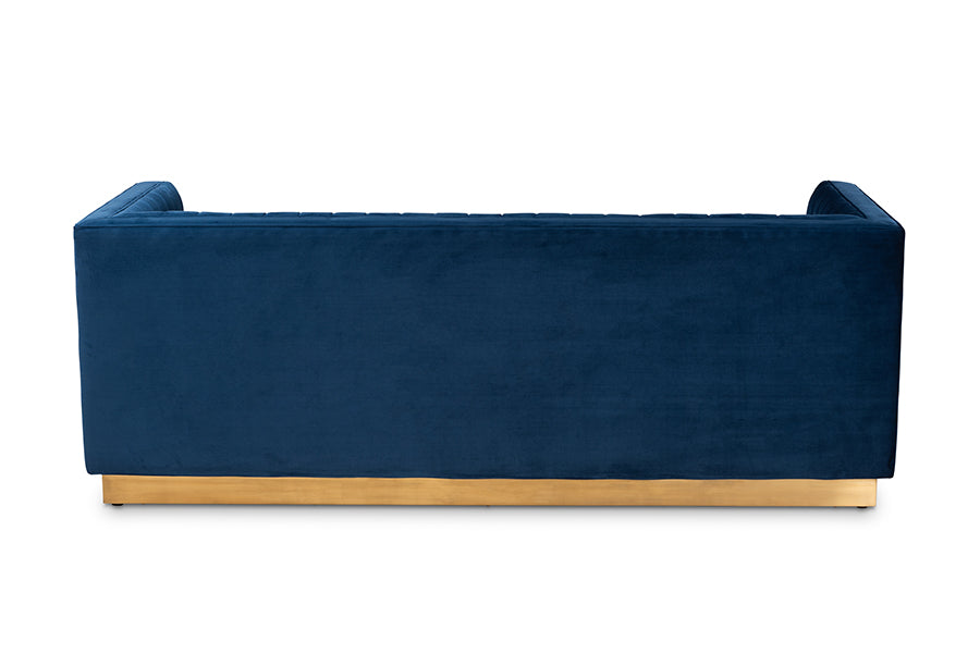 Baxton Studio Aveline Glam and Luxe Navy Blue Velvet Fabric Upholstered Brushed Gold Finished Sofa | Sofas | Modishstore - 6