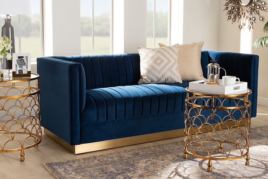 Baxton Studio Aveline Glam and Luxe Navy Blue Velvet Fabric Upholstered Brushed Gold Finished Sofa | Sofas | Modishstore - 2