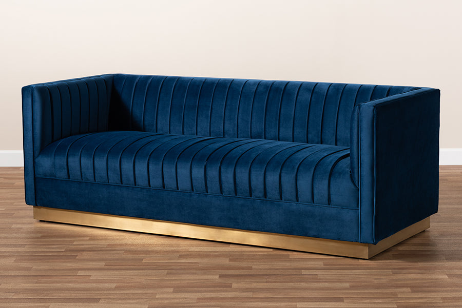Baxton Studio Aveline Glam and Luxe Navy Blue Velvet Fabric Upholstered Brushed Gold Finished Sofa | Sofas | Modishstore - 3