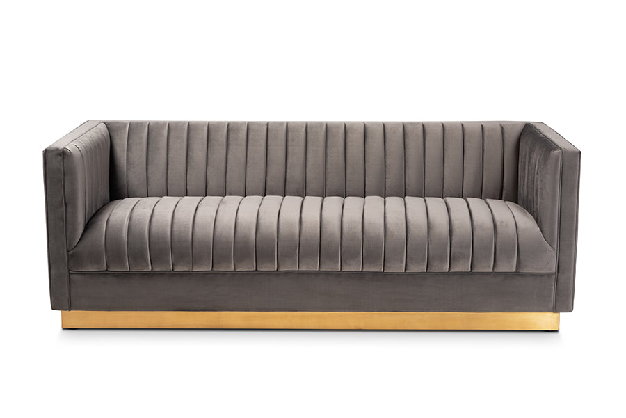 Baxton Studio Aveline Glam and Luxe Navy Blue Velvet Fabric Upholstered Brushed Gold Finished Sofa | Sofas | Modishstore - 16