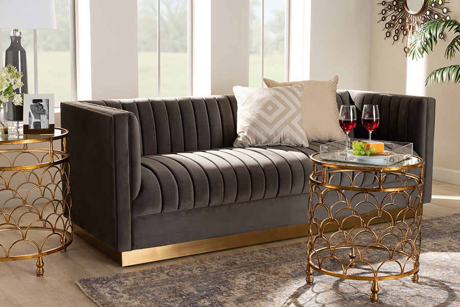 Baxton Studio Aveline Glam and Luxe Navy Blue Velvet Fabric Upholstered Brushed Gold Finished Sofa | Sofas | Modishstore - 10