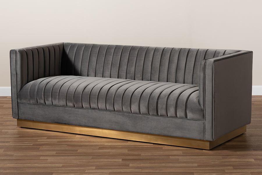 Baxton Studio Aveline Glam and Luxe Navy Blue Velvet Fabric Upholstered Brushed Gold Finished Sofa | Sofas | Modishstore - 11