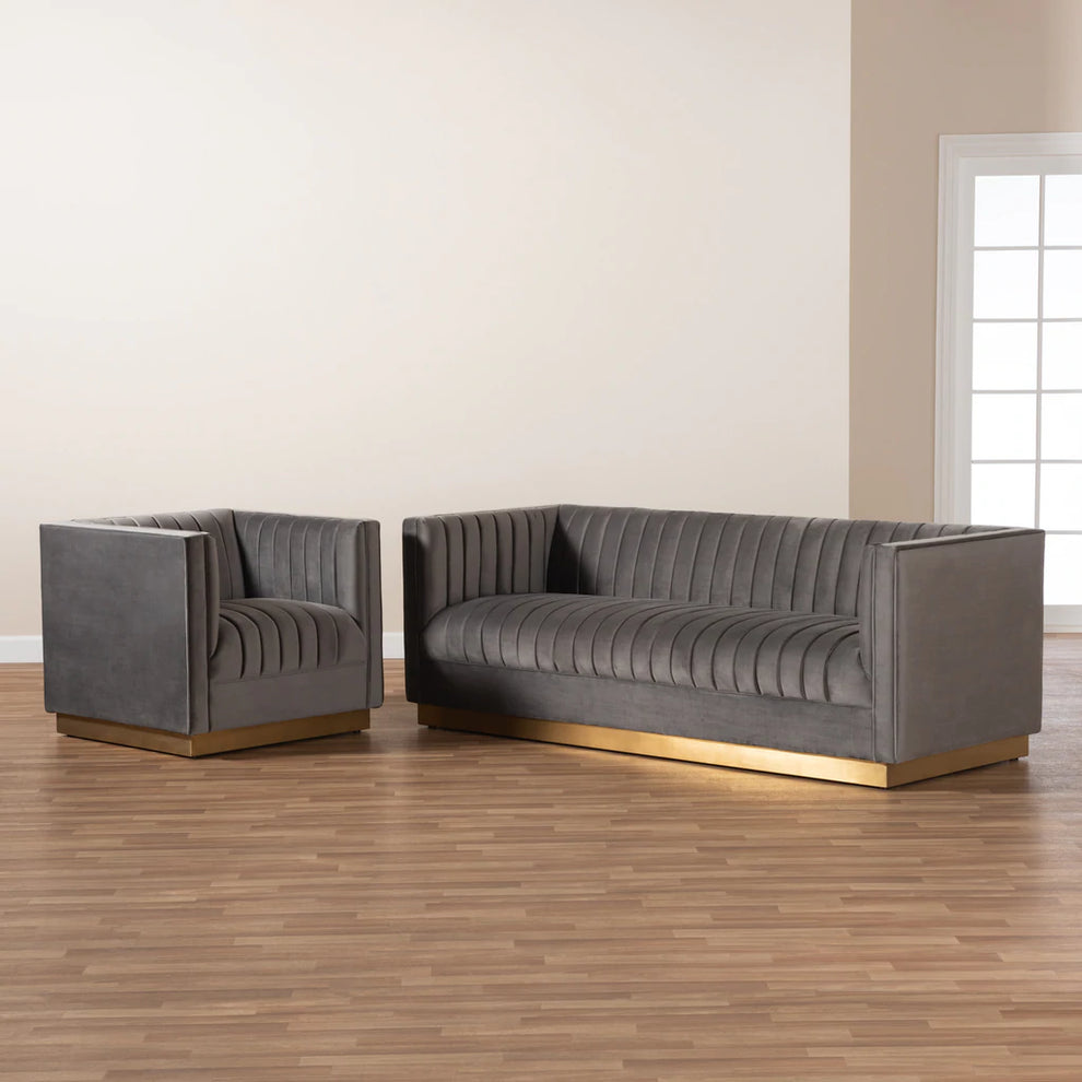 Baxton Studio Aveline Glam and Luxe Grey Velvet Fabric Upholstered Brushed Gold Finished 2-Piece Living Room Set | Sofas | Modishstore - 6