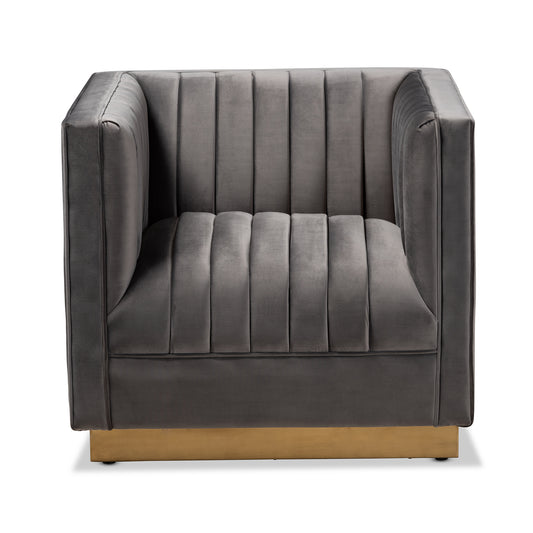 Baxton Studio Aveline Glam and Luxe Grey Velvet Fabric Upholstered Brushed Gold Finished Armchair | Armchairs | Modishstore