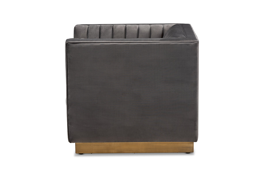 Baxton Studio Aveline Glam and Luxe Grey Velvet Fabric Upholstered Brushed Gold Finished Armchair | Armchairs | Modishstore - 7