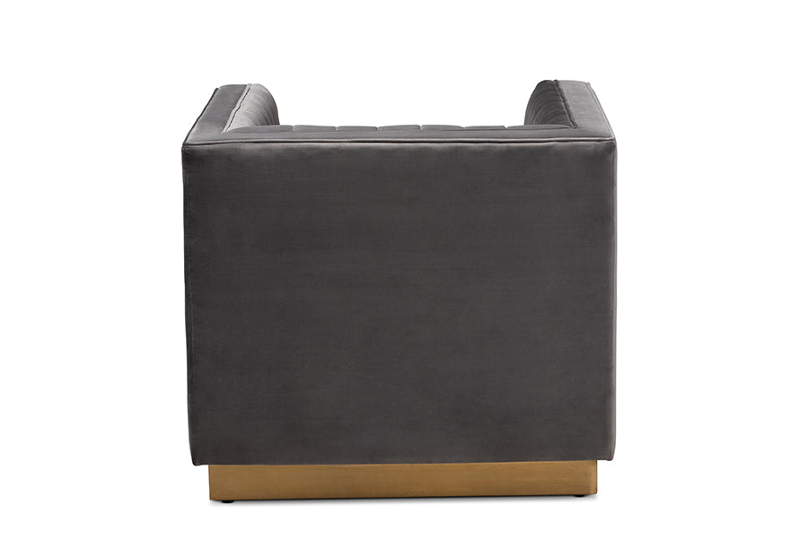 Baxton Studio Aveline Glam and Luxe Grey Velvet Fabric Upholstered Brushed Gold Finished Armchair | Armchairs | Modishstore - 6