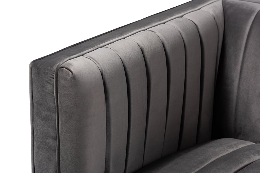 Baxton Studio Aveline Glam and Luxe Grey Velvet Fabric Upholstered Brushed Gold Finished Armchair | Armchairs | Modishstore - 5