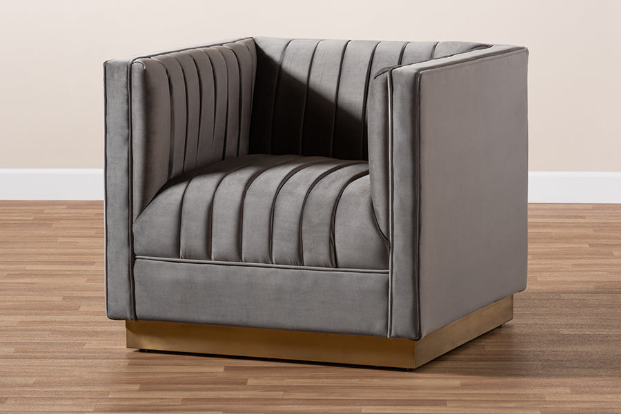 Baxton Studio Aveline Glam and Luxe Grey Velvet Fabric Upholstered Brushed Gold Finished Armchair | Armchairs | Modishstore - 3
