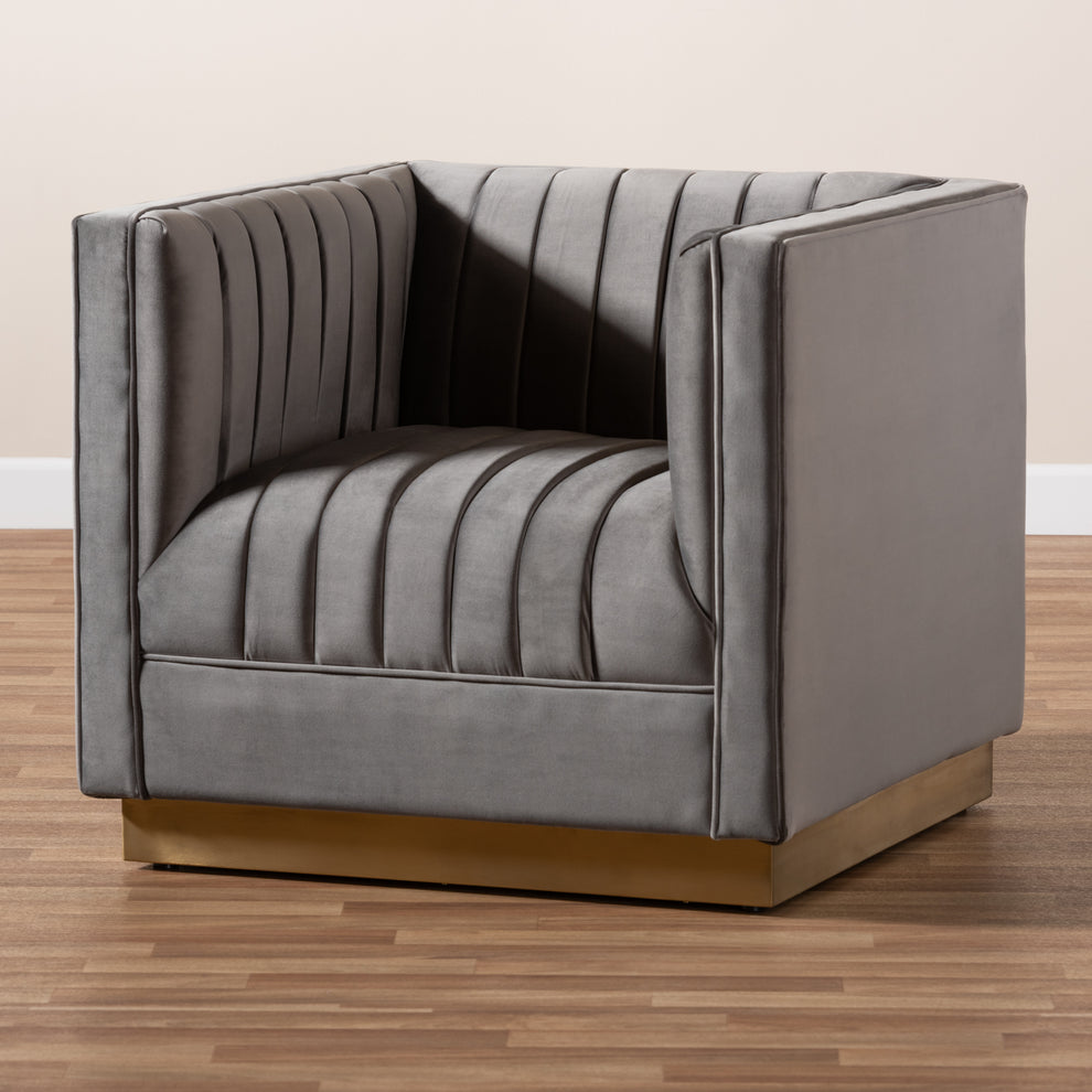 Baxton Studio Aveline Glam and Luxe Grey Velvet Fabric Upholstered Brushed Gold Finished Armchair | Armchairs | Modishstore - 2