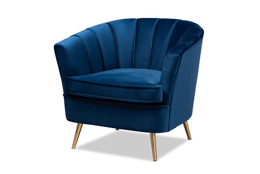 baxton studio emeline glam and luxe navy blue velvet fabric upholstered brushed gold finished accent chair | Modish Furniture Store-2