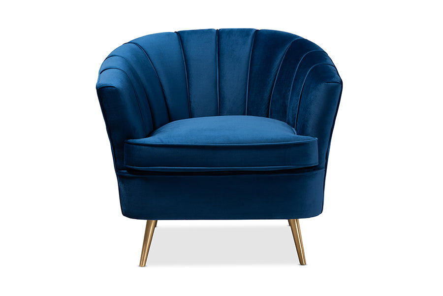 baxton studio emeline glam and luxe navy blue velvet fabric upholstered brushed gold finished accent chair | Modish Furniture Store-3