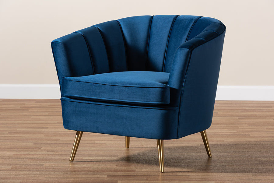Baxton Studio Emeline Glam and Luxe Navy Blue Velvet Fabric Upholstered Brushed Gold Finished Accent Chair | Modishstore | Accent Chairs